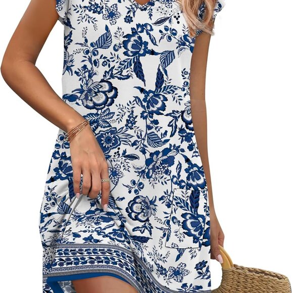 Womens Summer Dresses 2025 Ruffle Sleeve V Neck Loose Swing Sundresses with Pock - Picture 2 of 5